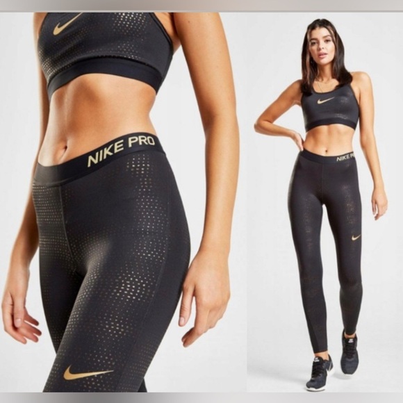 Nike Pro Metallic Dots Sports Bra & Tight Set in Black & Metallic Gold. Size M - Picture 1 of 14